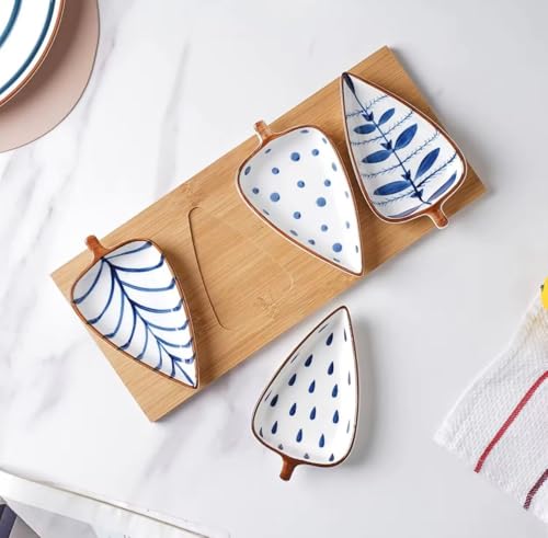 Image of Beyond Homes Ceramic Serving Platters | 4 Leaf-Shaped Platter Plates with Wooden Tray Set for Serving | Hand Painted Dry Fruits Serving Tray | Appetizer Serving Dishes for Kitchen (White & Blue)