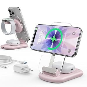 Mag Safe Ladegerät, Ladestation und iPhone, 3 in 1 Mag Safe Ladestation Kompatibel mit iPhone 17 16 15 14 13 12 Pro Max/Air/Plus/Pro, für Apple Watch 10/9, Airpods 3/2/Pro, altbar, Rosa