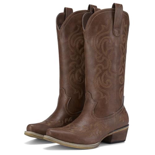 HISEA Rollda Cowboy Boots for Women Western Cowgirl Boots with Chunky Heel Ladies Snip Toe Mid-Calf Boots Bronze Size 7.5