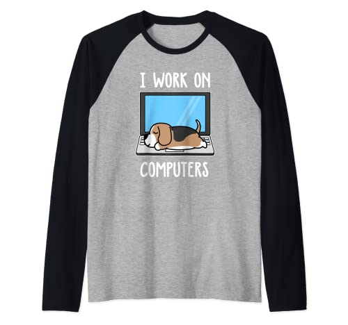 I Work On Computer Beagle Dog Sleep Funny Puppy Lovers Camiseta Manga Raglan