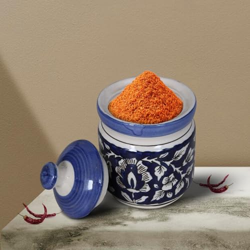 Image of Ceramic Corinchon Storage Jar Container with Lid - Pottery Dry Food Storage Canister Color - Blue, Cornichon Jar - Size: 11x11x12 cm, Capacity-500 Gram