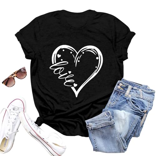 Image of Valentines Shirts for Women Valentine Love Heart Printed Graphic Tshirt Cute Girls Casual Top