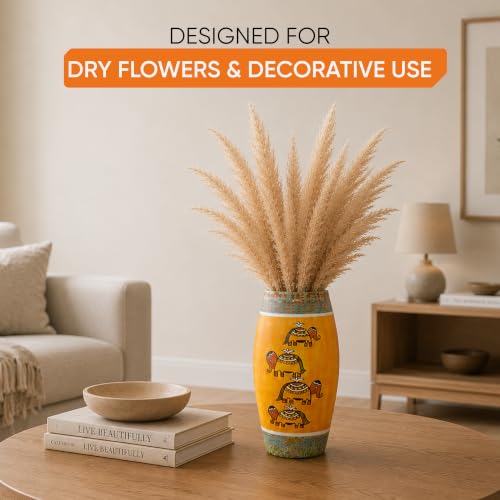 Image of Aakriti Art Creations Happy Elephant Yellow Terracotta Vase | Hand-Painted Madhubani Art Decorative Vase | Matte Finish Flower Vase for Living Room, Table & Floor Decor