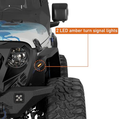 Image of Hooke Road JL Slim Flat Fender Flares for 2018-2026 Jeep Wrangler JL JLU 2 /4 Doors, Front and Rear Steel Fenders with LED Turn Signal Lights - 4 PCS Set