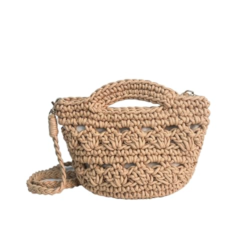 Eiyye Bolsa transversal de crochê de tecido – Bolsa de ombro pequena de malha de algodão Boho para mulheres, bolsa de mão de férias na praia de verão (Cáqui), Marrom