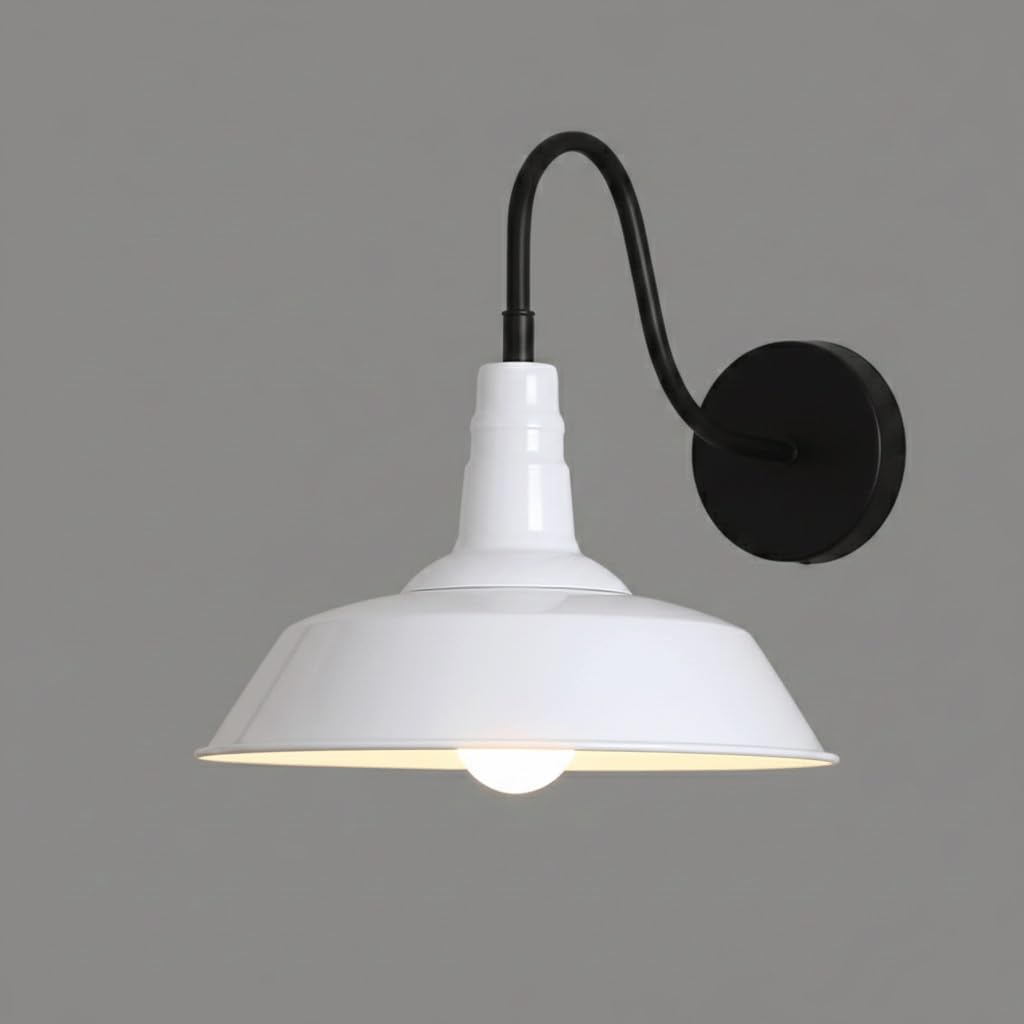 IvyLoutish Modern Industrial Barn Wall Sconce, Colorful Farmhouse Gooseneck Wall Light with Metal Umbrella Shade, Vintage Fixture for Restaurant Bar BBQ Shop Kitchen Decor, E26/E27(White)