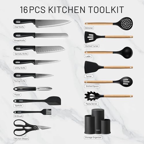 CAROTE 16 Pieces Kitchen Utensils Set, Silicone Cooking Utensils Set with Wooden Handle, Stainless Steel Knife Set with Block, Kitchen Utensil Gadgets Cutlery with Anti-slip Handle, Black - Image 4
