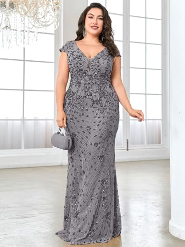 Image of Plus Size Womens Sequined Long Evening Gown Glamous Sleeveless V-Neck Mermaid Prom Dress for Wedding Party