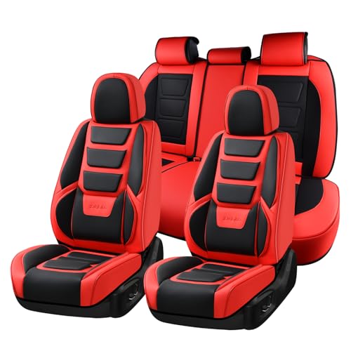 Image of Coverado Car Seat Covers Full Set, Seat Covers for Cars, Front Seat Covers and Back Seat Cover Waterproof Leather Automotive Seat Cover, Universal Car Interior Protectors Cushion for Most Cars Red