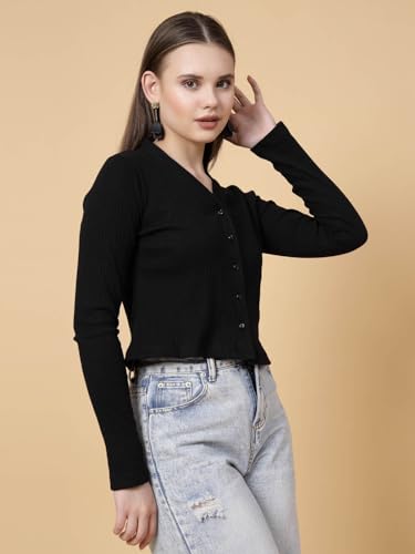 Image of Rigo Casual Wear V Neck Rib Knit Top for Women | Slim Fit Long Sleeves Western Tops for Women