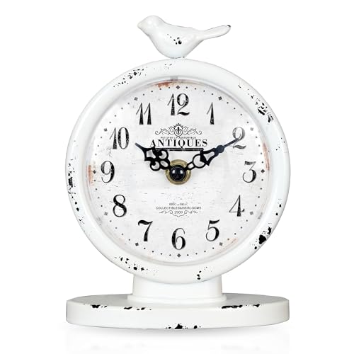 QIYAODECO Desk Clock - Classic Vintage Clock and Decorative Shelf Decor,Silent Non-Ticking Clock with Distressed Metal Frame for Office, Bedroom and Home Decoration(Creamy White)