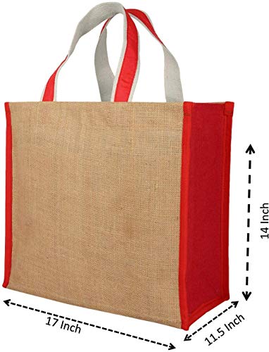 Image of DOUBLE R BAGS Big Heavy Duty Eco Reusable Jute Cloth Shopping Bag with 6 Pockets & Reinforced Handles | Grocery, Milk, Fruits & Vegetable Carry Organizer Tote | Red, 45x17x35 cm, 1 Compartment