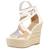  VAN HILL Damen Plateau Sandaletten Keilabsatz Schuhe Transparente Bast Plateauschuhe Schließe Freizeit Sommersandaletten 203719 Weiss 36
