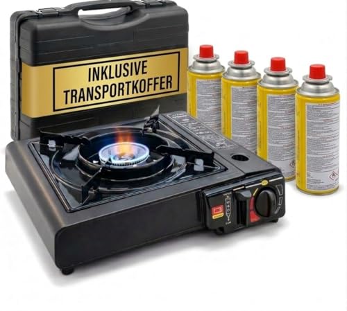 Fabona Gaskocher mit 4 Kartuschen - Campingkocher 2,2 kW mit Piezozündung - Camping Gaskocher mit Transportkoffer - Kartuschenkocher - Gas Kocher für Camping, Outdoor, Stromausfall