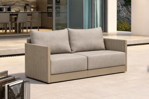 Image of PURPLE LEAF Patio Furniture Set 2 Pieces Outdoor Conversation Sets PP Rope Patio Sofa with Cushions Manual Weaving Deep Seating Furniture for Porch Lawn Backyard Beige