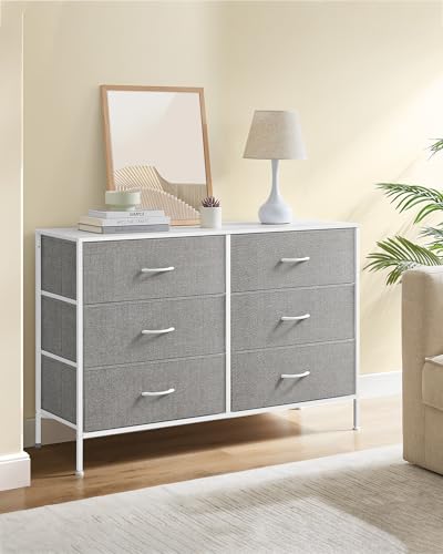 SONGMICS Kommode mit 5 Schubladen, Aufbewahrungsschrank mit 6 Stoff-Schubladen, 40 x 117 x 77,5 cm, modern, weiß-hellgrau LTS833W01