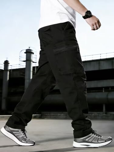 Image of Men's Pure Cotton Cargo Pants | Regular Fit Multi-Pocket Utility Trousers for Men | Solid Cargo Bottom Wear with Zip Pockets | Comfortable Casual Outdoor Wear