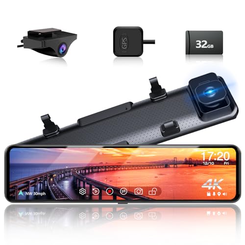 12" Rear View Mirror Camera, 4K Smart Touch Screen Mirror Dash Cam Front and Rear, Supports Zoom in, Night Vision, Parking Mode, 1080P Back Up Camera, GPS, 32GB Card