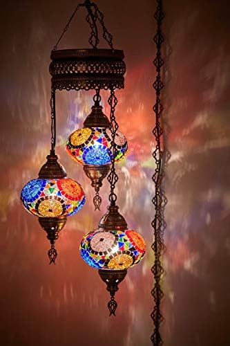 DEMMEX Turkish Moroccan Mosaic Hardwired OR Swag Wall Plug in Chandelier Light Ceiling Hanging Lamp Pendant Fixture (3 X 6.5 Globes - Swag)