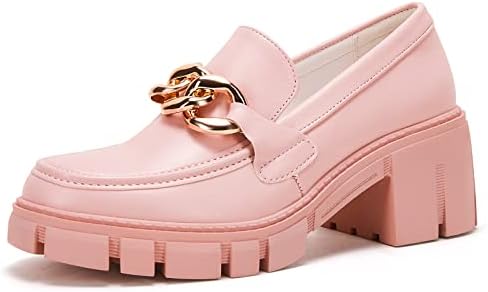 Platform Loafers Women Shoes,Chain Loafer Chunky Platform Loafers for Women Round Toe Slip on Shoes Pink 07