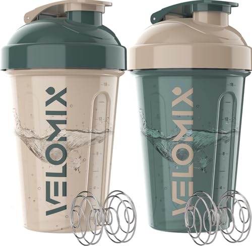 Image of VELOMIX -2 Pack- 20 oz Protein Shaker Bottles for Protein Mixes - 2x Wire Whisk | Leak Proof Shaker Cups for Protein Shakes and Pre Workout | Protein Shaker Bottle Pack (A5) Blue&Beige