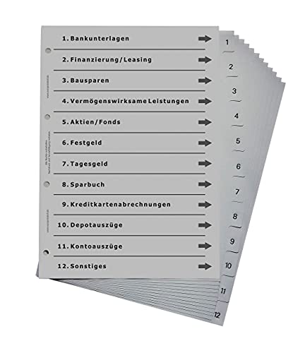 Ordnerregister für Finanzen, durchdachtes Register für DIN A4 Ordner, Finanz- und Bankordner rund um Finanzierung, Bank, Aktien und Geld, lichtgrau