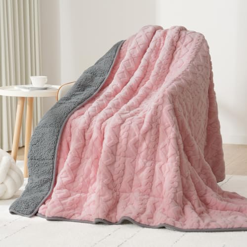 Image of Drewin Weighted Blanket for Adults Queen Size 15lbs, Pink and Grey Soft Cozy Turtleback Sherpa Weighted Blankets for Sleeping and Calming, Thick Bed Blanket for Couch Bed, 60 x 80 inches