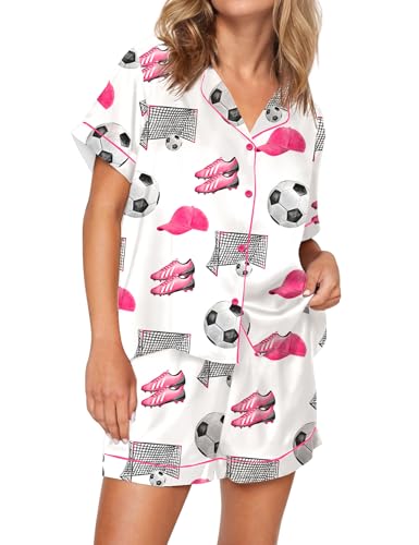Image of SHESHOW Pajamas for Women Set Satin Button Down Short Sleeve Top and Shorts Pjs Sets Sport Ball Print Sleepwear XS-XXL