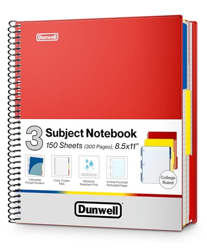 Image of Dunwell 3-Subject Spiral Notebook College Ruled 8.5x11 (Red), 150 Sheets (300 Pages), Tabs, Color Movable Divider Pockets, Protective Plastic Covers, 3-Hole Punched Tear-Off Paper