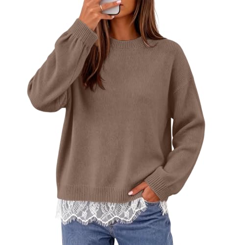 Oversized Sweaters for Women Lace Trim Hem Long Sleeve Comfy Pullover Tops - image 2
