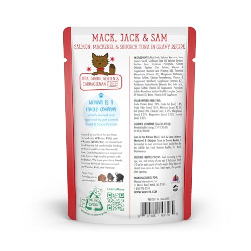 Image of Weruva Cats in the Kitchen Mack, Jack & Sam with Mackerel, Skipjack & Salmon in Gravy Cat Food, 3oz Pouch (Pack of 12)