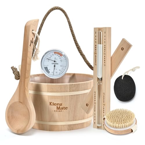 6 Pcs Sauna Accessories Kit, Bucket and Ladle Set, Thermo-Hygrometer,