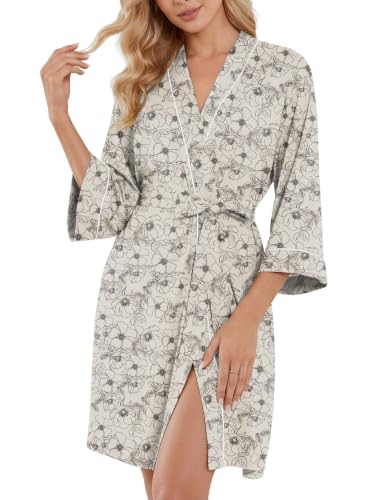 Image of PrinStory Womens Robe Knee Length Soft Knit Bathrobe S-2XL | V-Neck 3 /4 Sleeve Robes with Pockets, Lightweight, Breathable Bath Robe for Shower, Spa, Travel, Home, Party, Nursing
