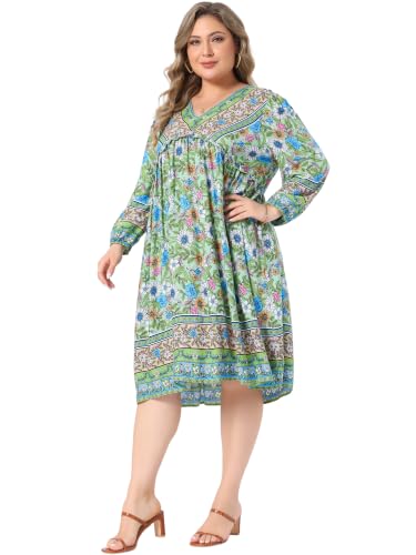 Image of Agnes Orinda Plus Size Summer Dress for Women Casual Boho Floral V Neck 3 /4 Sleeve Midi Short Beach Dress