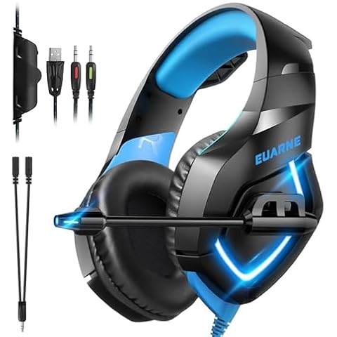 EUARNE Gaming Headset for PS4, Xbox One, PS5, 3.5mm Noise Canceling Headphones with 3D Surround Sound Stereo USB LED Omnidirectional Microphone PC, Mac, Laptop, PlayStation 5, Black and Blue,(K-K1-B) Cover