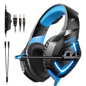 Gaming Headset for PS4, Xbox One, PS5, 3.5mm Noise Canceling Headphones with 3D Surround Sound Stereo USB LED Omnidirectional Microphone PC, Mac, Laptop, PlayStation 5, Black and Blue,(K-K1-B)