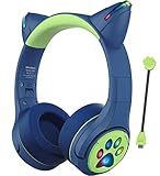 Riwbox CF9 Cat Ear Kids Bluetooth Headphones with LED Light Up,Safe 85dB Volume Limit,Built-in Mic&Boom Mic for Calls,Kids Wireless&Wired Headphones for Tablet/Airplane/School/Online Learning(Blue)