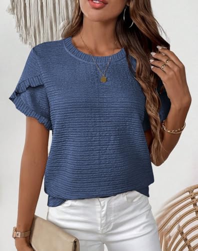 Womens Tops Casual Crew Neck Shirts Ruffle Short Sleeve Relaxed Textured Soft Cute Blouses for Women Summer Blouses3