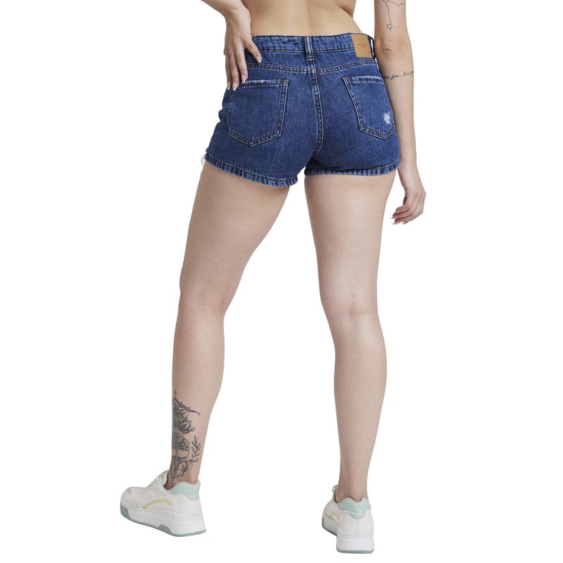 Image of Spykar Women Dark Blue Cottom Slim Fit Above Knee Length Denim Shorts