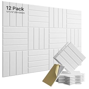 12 Pack Sound Proof Foam Panels for Walls, Self-Adhesive Acoustic Panels Sound Absorbing, 12″ X 12″ X 0.4″ High Density Soundproof Wall Panels Tiles for Door, Ceiling, Home Office, White