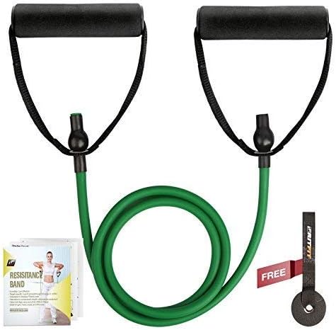 RitFit Single Resistance Exercise Band with Comfortable Handles - Ideal for Physical Therapy, Strength Training, Muscle Toning - Foam Padding Door Anchor and Starter Guide Included (Green(5-10lbs))