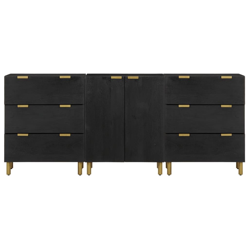 3-częściowe kredensy czarne, materiał drewnopochodny, 60 x 33 x 75 cm, z praktycznymi uchwytami, stabilne metalowe nóżki, wszechstronne miejsce do przechowywania do salonu, sypialni i biura
