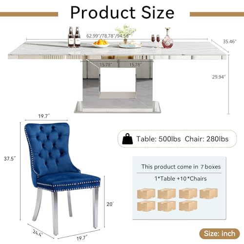 Image of 11-Piece Extendable Dining Table Set for 10, Modern 63 inch-94 inch White Faux Marble Expandable Kitchen Table Set with 10 Velvet Chairs,Large Extendable Dining Room Tables with Mirrored U-Shape Base
