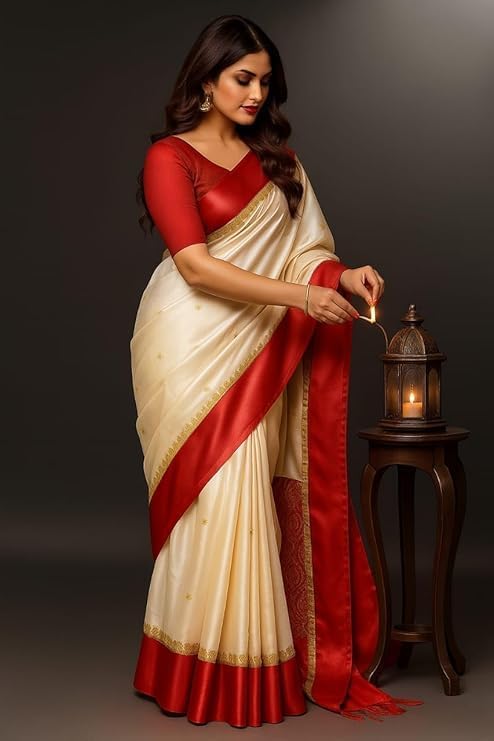 Red Border White Durga Puja Gorod Bengali Saree for Women Traditional Handloom Pure Kanjivaram latest SariBanarasi Silk Goroder Lal Par Sada Navratri New Pooja Sari with Blouse-ARC001