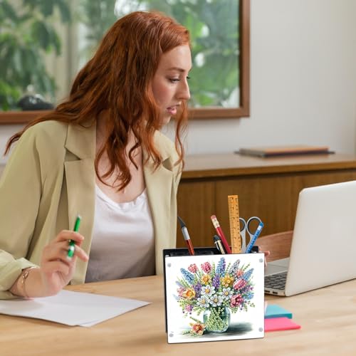 Image of DIY 5D Diamond Painting Pen Holder Set, Flower Diamond Art Desk Organizer, Perfect for Back to School Season, DIY Pencil Holder Crafts, Decorative Home Office Supplies Organizer