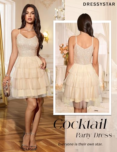 Image of Dressystar 2026 Women's Tiered Sparkly Sequin Glitter Formal Prom Dress Mini Spaghetti Strap Tulle Cocktail Party Dresses