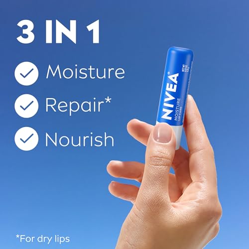 NIVEA Moisture Lip Care, Hydrating Lip Balm with Shea Butter, Nourishing Oils and Vitamin C & E, 3-in-1 Moisture, Repair and Nourish, 0.17 Oz Stick, Pack of 4 - Image 4