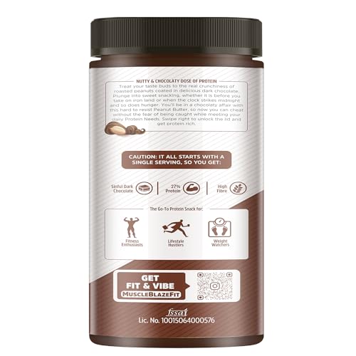 Image of MuscleBlaze High Protein Peanut Butter With Pea Protein & Whey Protein Concentrate, Crunchy, 203 G Protein, Dark Chocolate Spread, 750 Gram (Pack of 2)