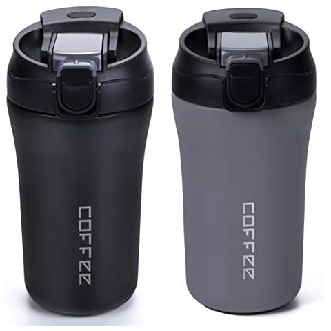 XPIY 14 oz Travel Coffee Mug, 2 Pack Vacuum Insulated Coffee Mug with Lid and Straw, Stainless Steel Reusable Coffee Tumbler for Hot and Cold Drinks for Men and Women(Black Grey) Cover