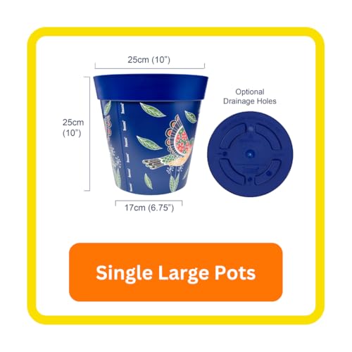 Hum Flowerpots, 25cm, Various Patterns Colours and Sizes, Indoor/Outdoor Plastic Plant Pot, Blue Hummingbirds